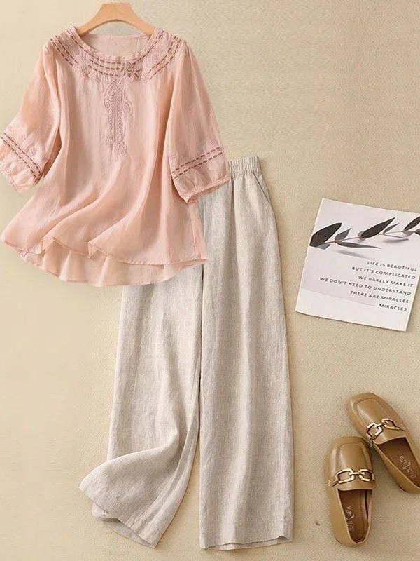 Linen Pant Wide - Conjunto de Algodão e Linho de