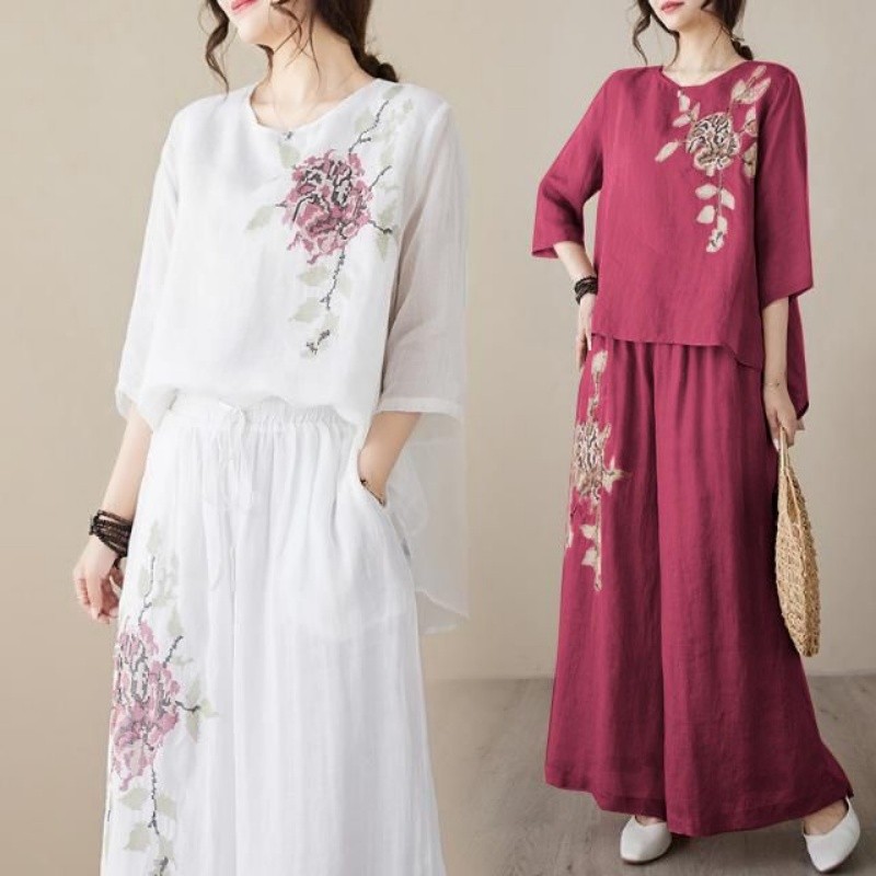 Linen Pant Wide - Conjunto de Duas Peças em Linho