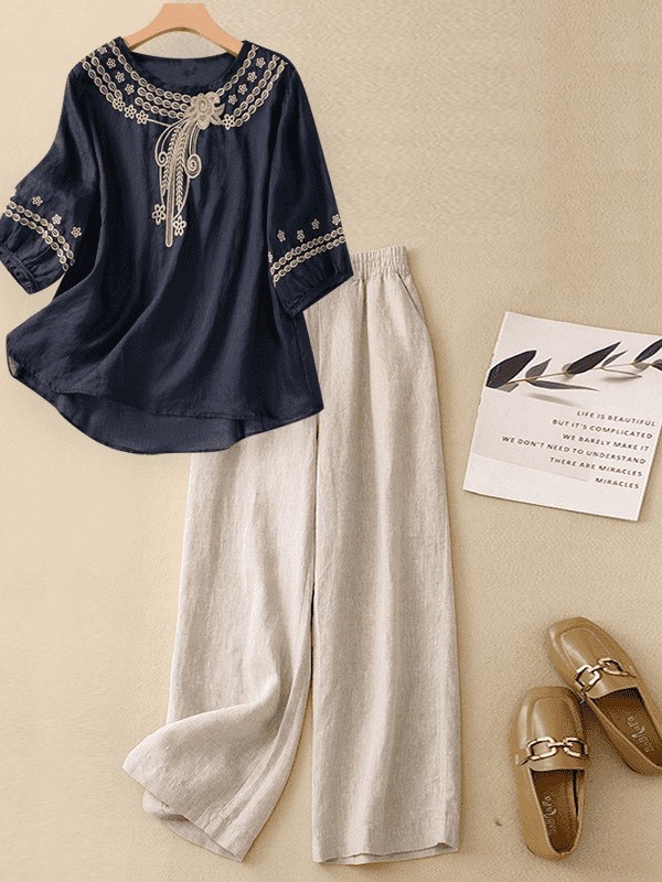 Conjunto de Algodão e Linho de - Linen Pant Wide avaliação e preço