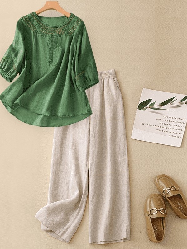 Conjunto de Algodão e Linho de - Linen Pant Wide avaliação e preço
