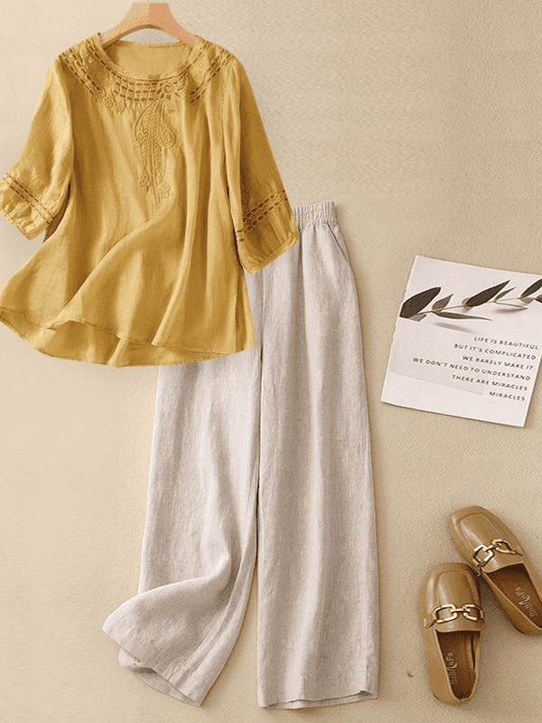 Conjunto de Algodão e Linho de - Linen Pant Wide avaliação e preço